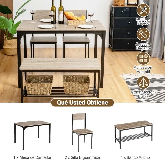 Conjunto de mesa de cozinha com 2 cadeiras e 1 banco Estrutura metálica e estante Cinzento