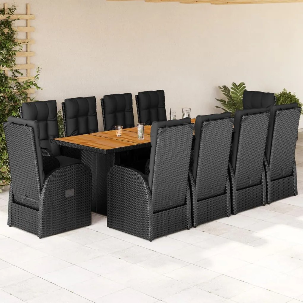 vidaXL 11 pcs conjunto de jantar p/ jardim c/ almofadões vime PE preto