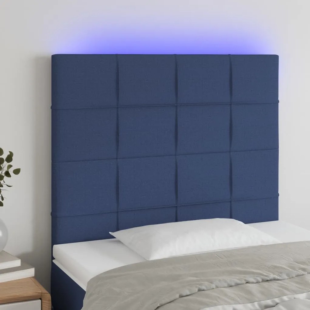 3122412 vidaXL Cabeceira de cama c/ LED tecido 90x5x118/128cm azul