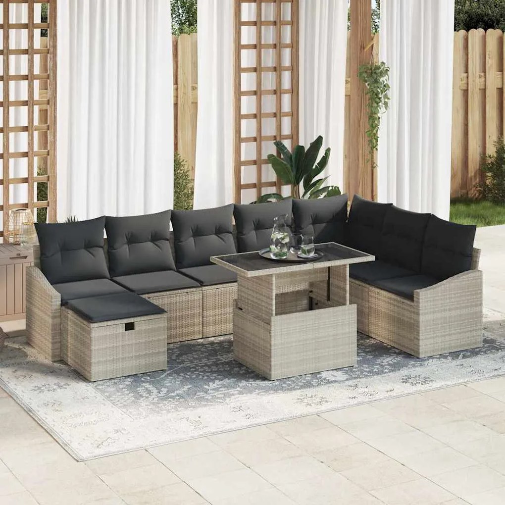 vidaXL Conjunto de sofá de jardim de 9 peças com almofadas cinza claro