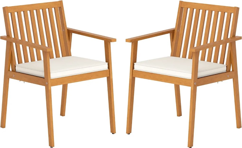 Conjunto 2 Cadeiras de Jantar jardim, Exterior em Madeira de Acácia com Almofada Removível e Apoio de Braços Castanho e Branco