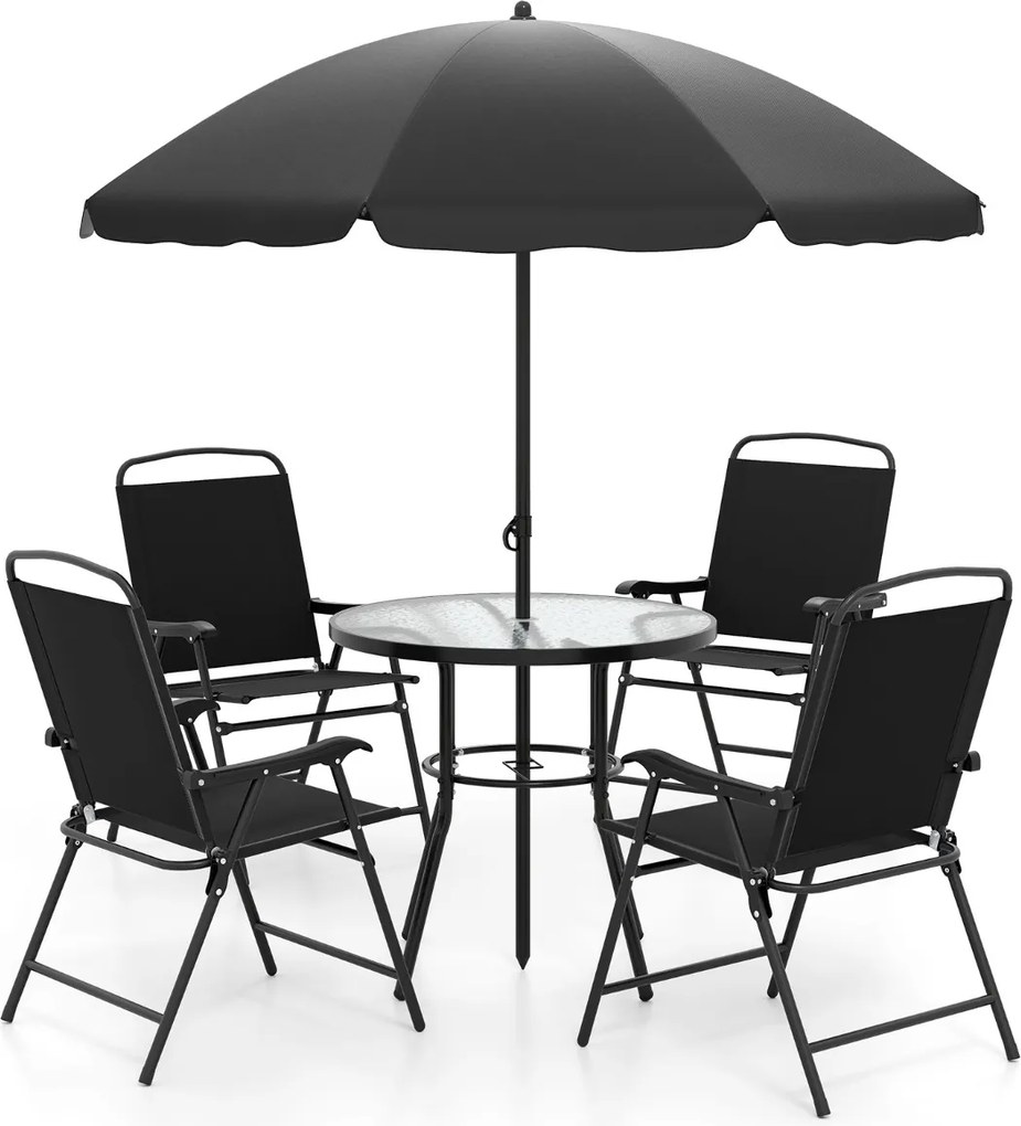Conjunto exterior de 6 peças com guarda-sol, mesa redonda e cadeiras dobráveis para 4 pessoas para jardim, preto