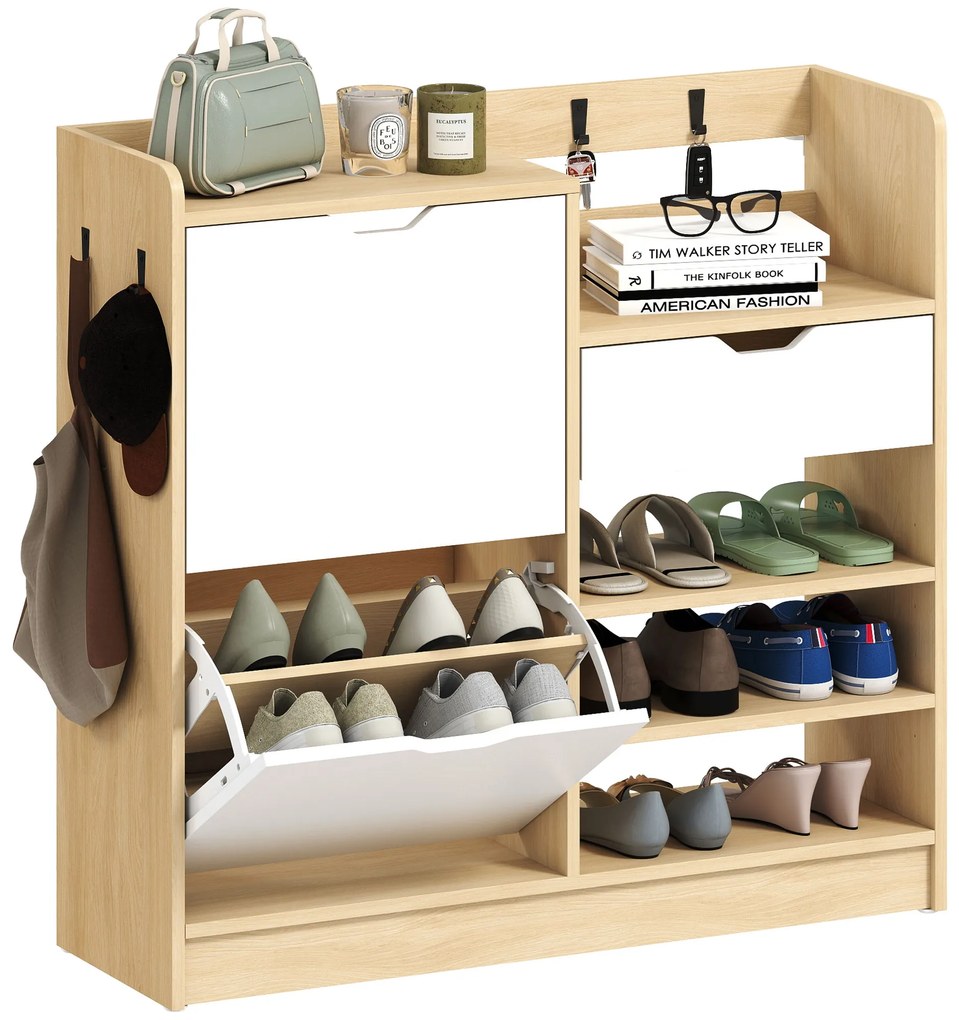 Sapateira Estreita com Prateleiras Ajustáveis Gaveta e 4 Ganchos para 14 Pares de Sapatos 93x30x90 cm Madeira e Branco