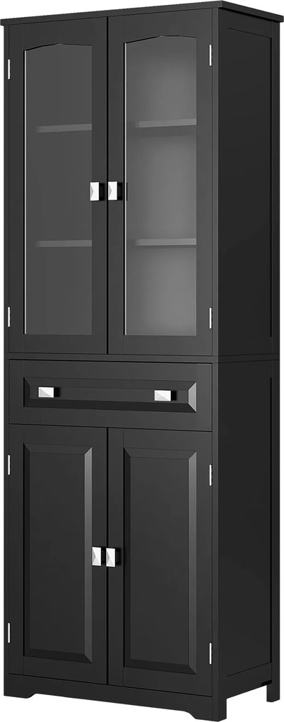 Armário alto de cozinha com 4 portas, das quais 2 com vidro, e 1 gaveta, com 160 cm de altura e prateleiras em madeira preta