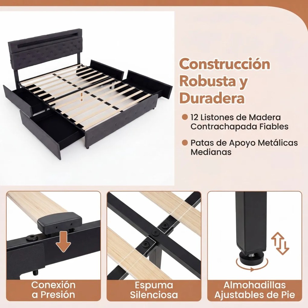 Estrutura de cama 160x200 cm (COLCHÃO NÃO INCLUIDO) com LED USB, estofado, gavetas, cabeceira ajustável, espaço de arrumação, ripas de madeira, não ne