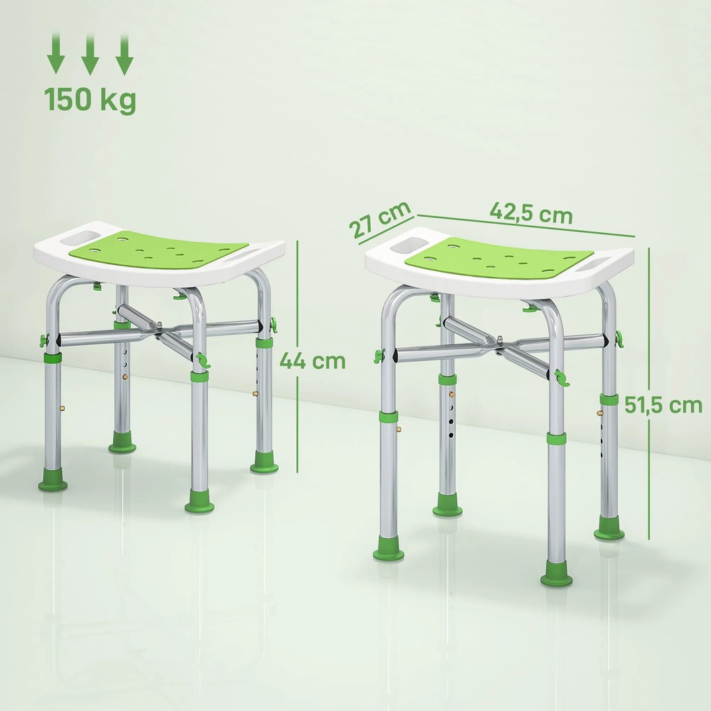 Banco de duche 42,5 L x 27 P x 44-51,5 A cm assento almofadado e ajustável, pés com ventosas antiderrapantes, em alumínio verde