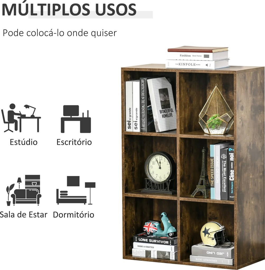 Estante de 3 Níveis Prateleira para Livros com 6 Cubos de Arrumação para Escritório 65,5x30x97,5 cm Castanho Rústico