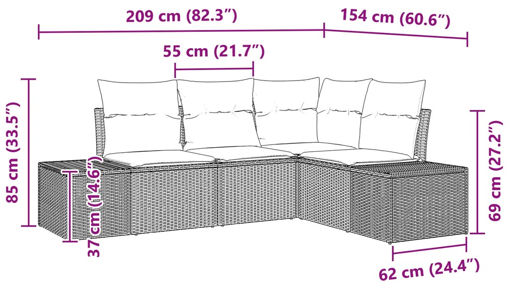 Conjunto de Sofá para Jardim 4 Peças com Almofadas Bege Rattan Poliést