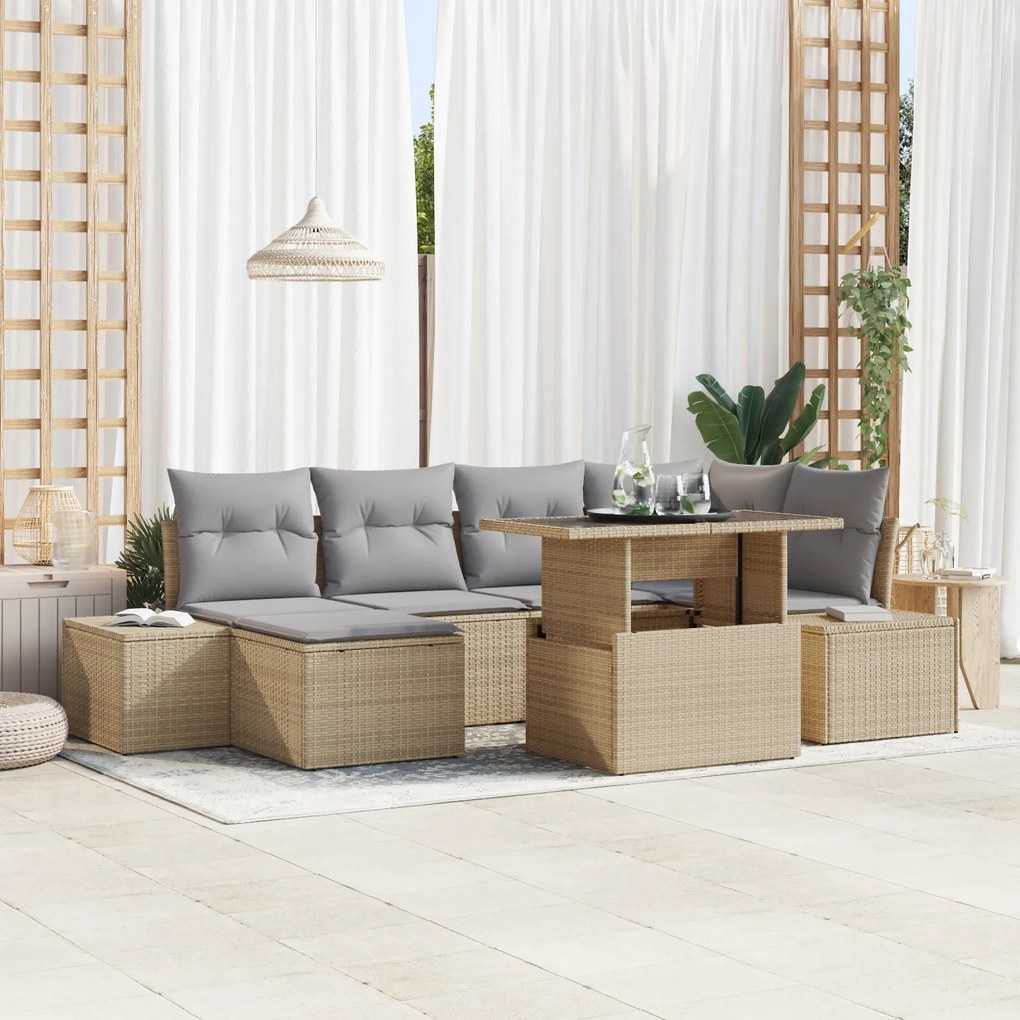 Conjunto de Sofá de Jardim 7 Peças com Almofadas Bege em Rattan Sintét
