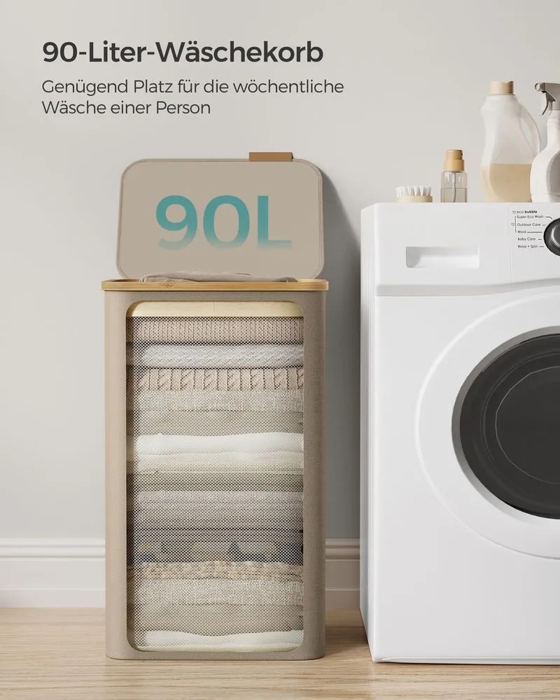 Cesto para roupa suja 90 litros com saco removível, castanho-camelo