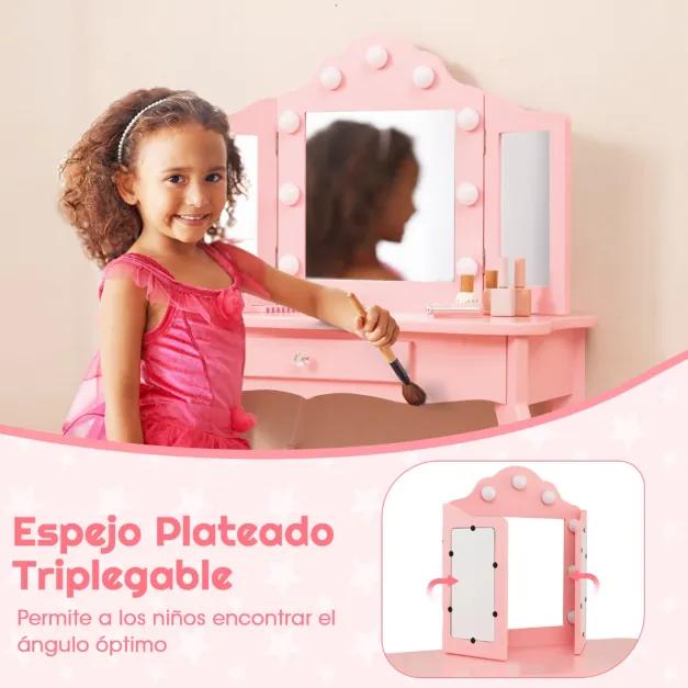 Conjunto de toucador e banco para meninas Toucador de maquilhagem de princesa 2 em 1 com espelho de vidro real triplo rebatível e gaveta Rosa