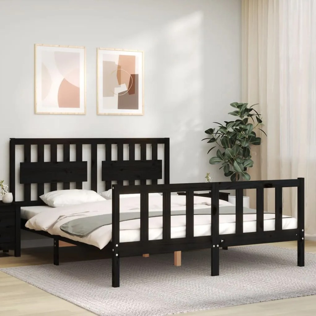 vidaXL Estrutura de cama King Size com cabeceira madeira maciça preto