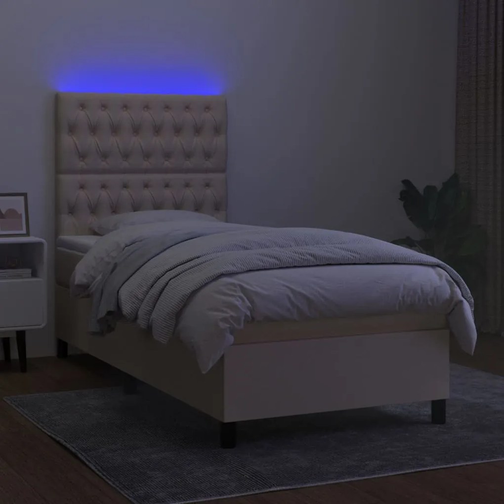 Cama box spring c/ colchão e LED 90x200 cm tecido cor creme