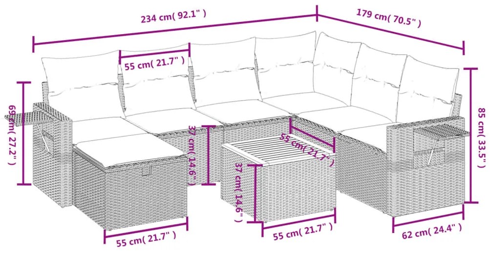 8 pcs conjunto sofás de jardim com almofadões vime PE preto