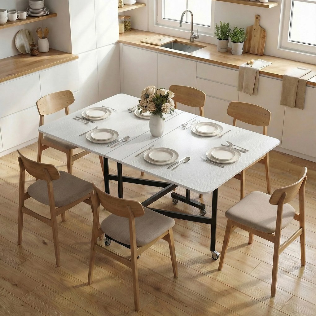 Mesa de Jantar Dobrável com Rodas, 120 x 80 x 73 cm (CADEIRAS NÃO INCLUIDAS), 2 Abas Rebatíveis, Branco