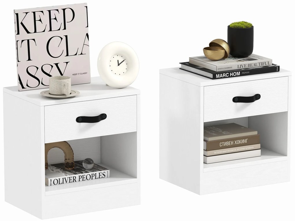HOMCOM Conjunto de 2 Mesas de Cabeceira Mesas de Cabeceira para Dormitório Estreitas com Gaveta e Compartimento Aberto 39x28x41 cm Branco
