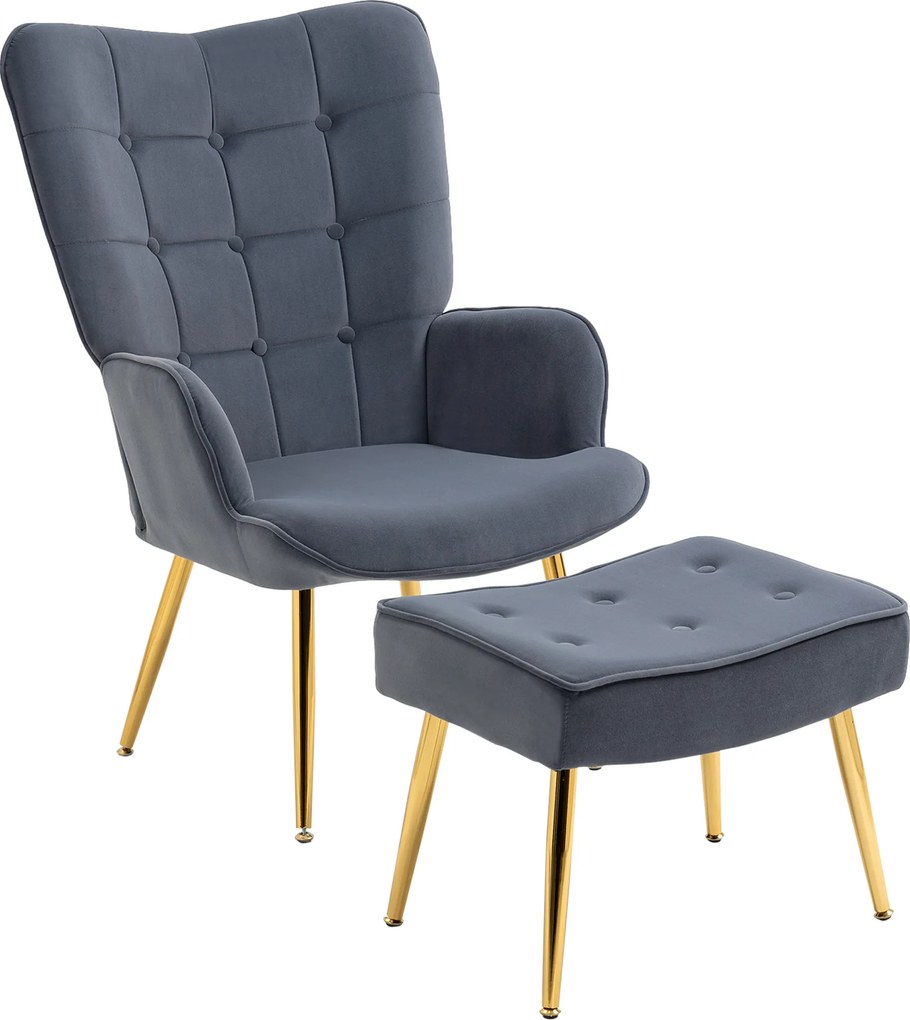 Poltrona com apoio para os pés, poltrona de sala estofada com encosto alto, pés em aço dourado e tecido de veludo, cinzento escuro