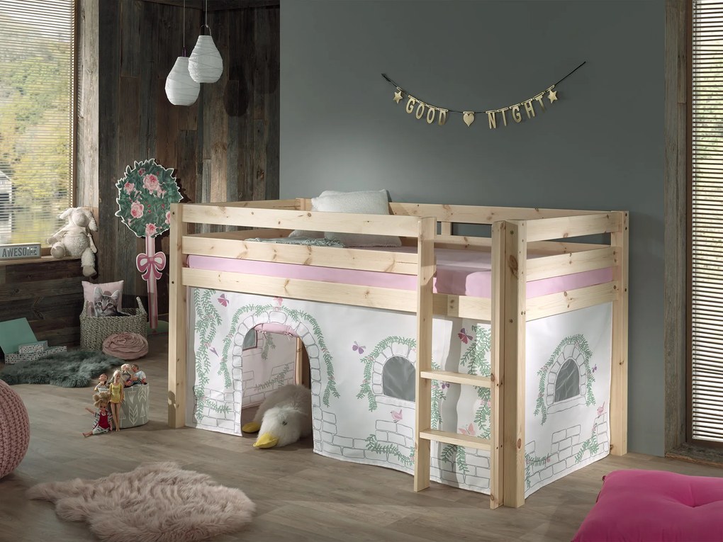 Conjunto Cama alta de Criança PINO 90 x 200 cm + estrado + escada + cortina Passaros Natural