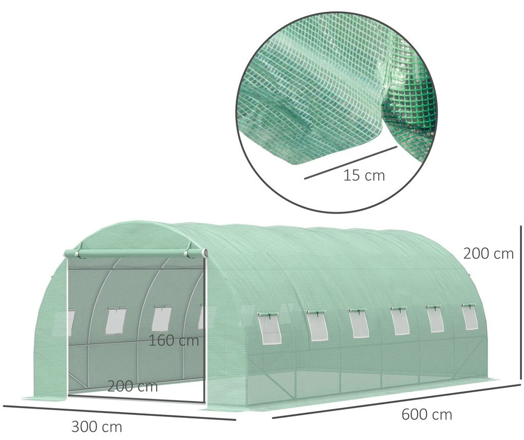 Outsunny Estufa Tipo Túnel 600x300x200 cm com Porta 12 Janelas Estufa