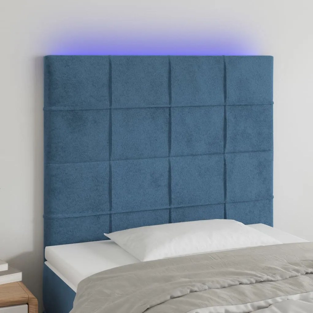 Cabeceira cama c/ luzes LED veludo 100x5x118/128cm azul-escuro