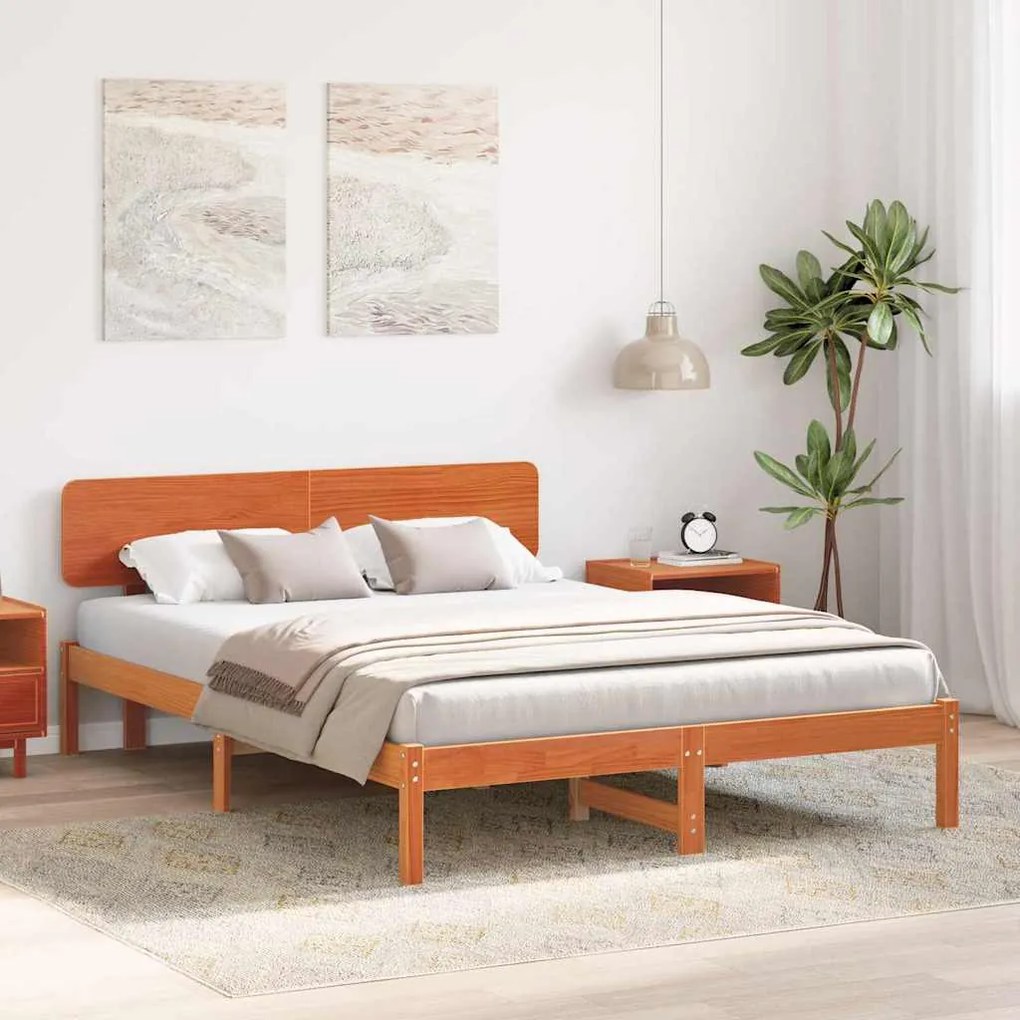 Cama com Cabeceira Castanho 150x200 cm em Madeira de Pinho Sólida