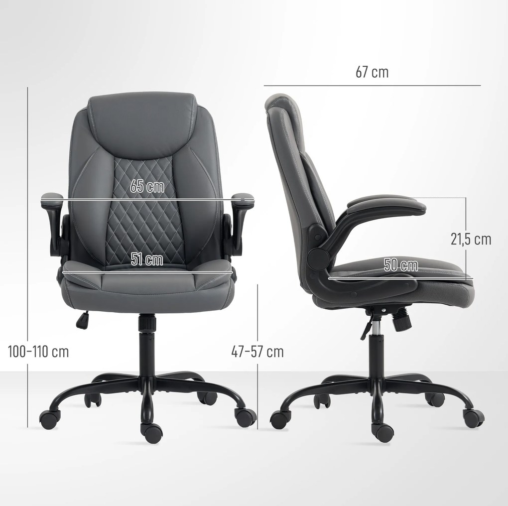 Cadeira de escritório, cadeira ergonómica com braços rebatíveis, altura ajustável, função de balanço, cinzenta