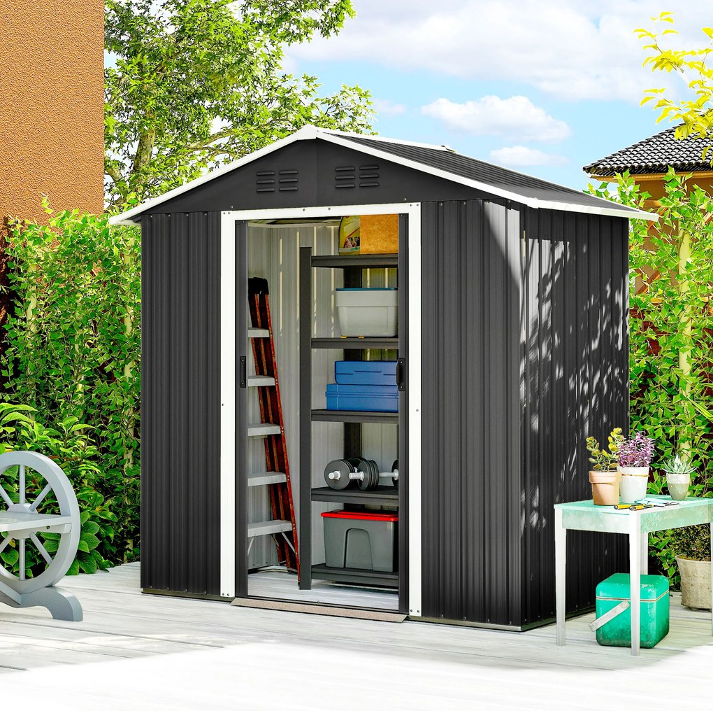 Abrigo de jardim em metal 194 x 107 x 191 cm com amplo espaço de arrumação exterior e portas de correr cinzento escuro