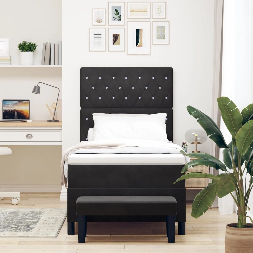 Cama Box Spring com Colchão e Banco Preto 100x200 cm Veludo