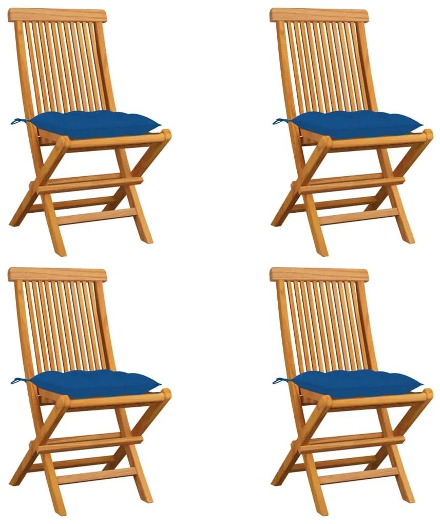 3062593 vidaXL Cadeiras de jardim c/ almofadões azuis 4 pcs teca maciça