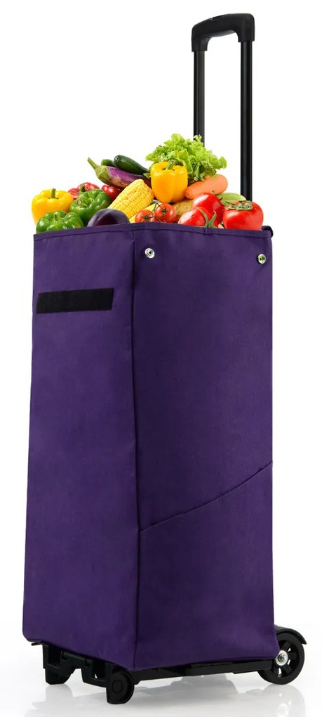 Carrinho de compras portátil dobrável com saco amovível 2 Rodas flexíveis em ABS para transporte de bagagem Violeta