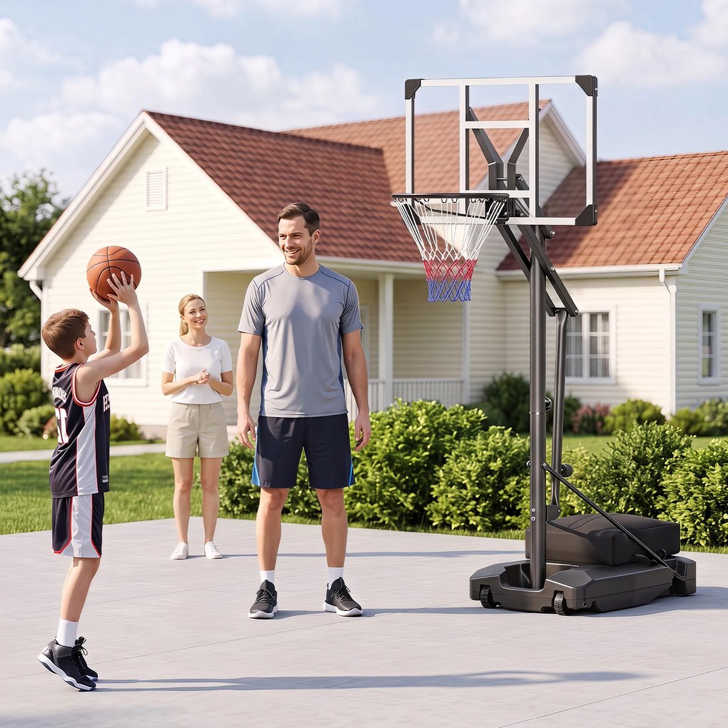 Cesto de Basquetebol Portátil, 88 x 53 x 258-303 cm, Altura Regulável em 8 Níveis, Preto