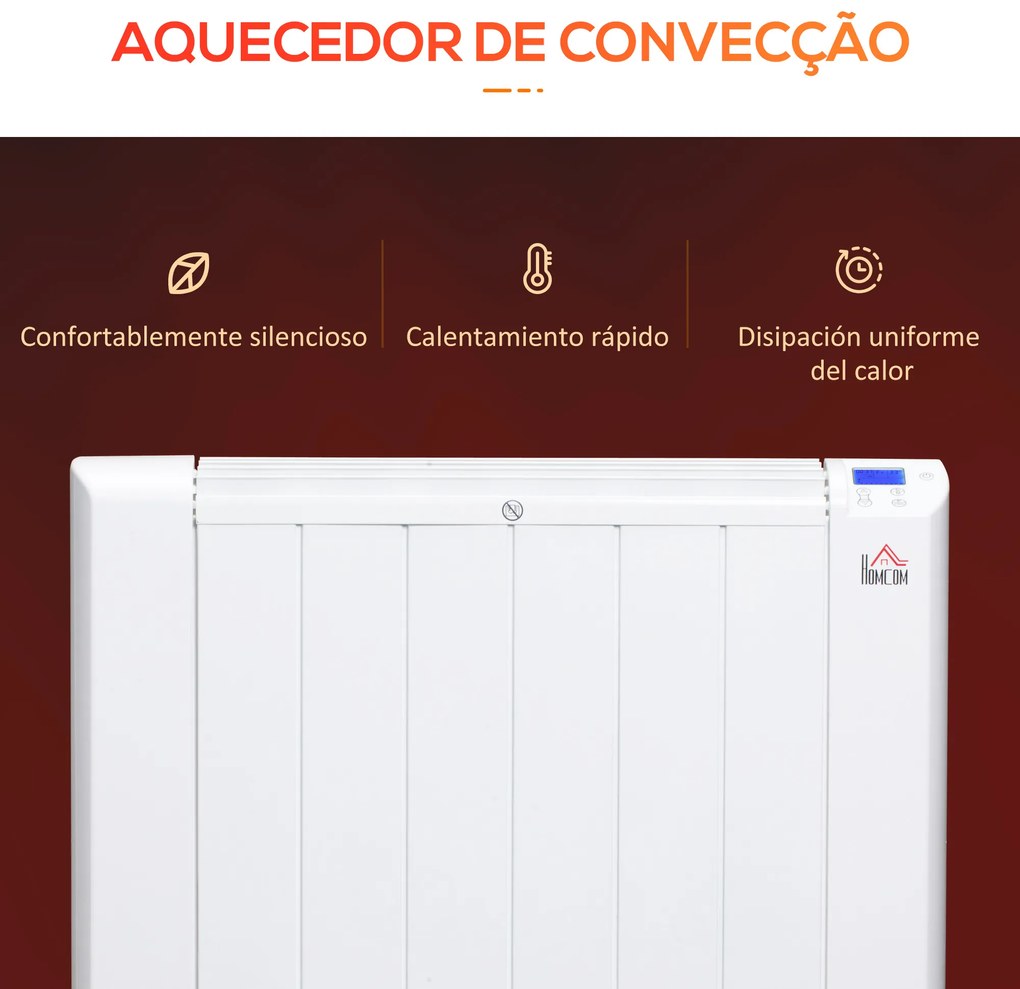 Aquecedor Elétrico 1500W Aquecedor Convector com Ecrã LCD 4 Modos Termostato Temporizador e 4 Rodas para Áreas de 12m² Alumínio 67x31x68cm Branco