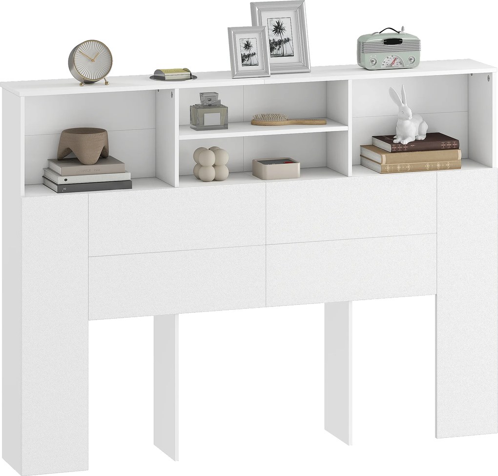 Cabeceira com pés e arrumação, acessório de cama com 4 compartimentos abertos, 140 x 19 x 103,5 cm, branco