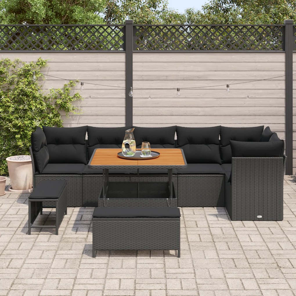 Conjunto de Sofá de Jardim de 9 Peças com Almofadas Preto Polirattan A