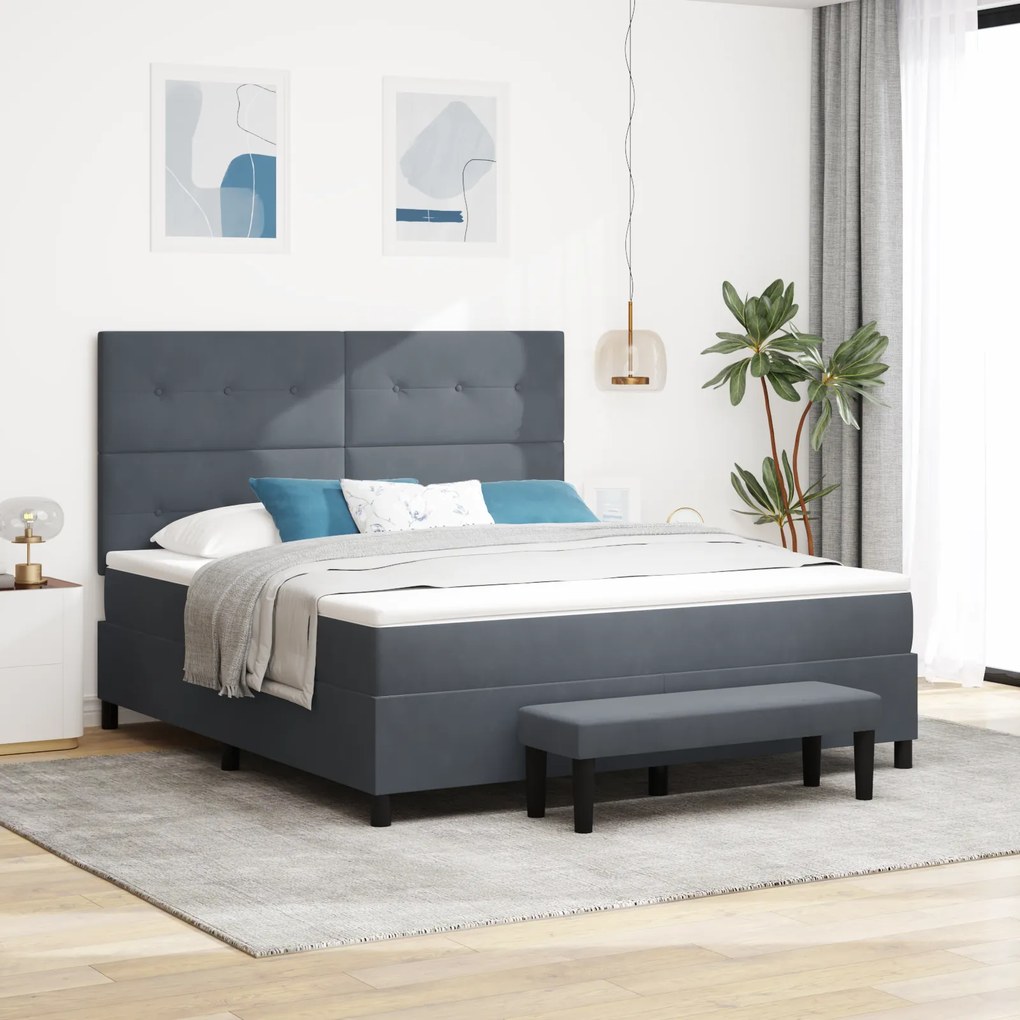 vidaXL Cama Box com Colchão &amp; Banco Cinza Escuro 180x200 cm Veludo