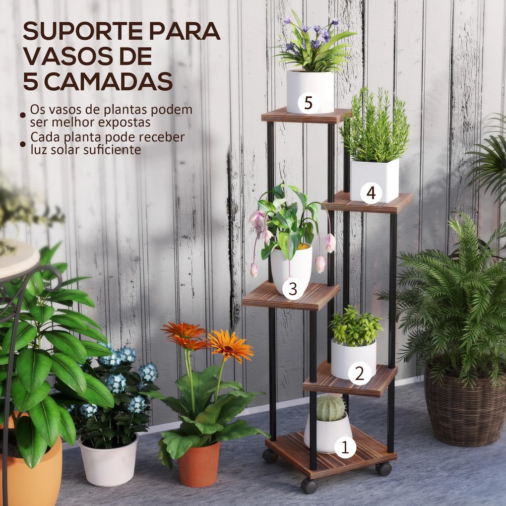 Suporte para Plantas de Madeira e Aço com 5 Prateleiras e 4 Rodas Suporte para Plantas para Interior e Exterior 59x59x110 cm Madeira