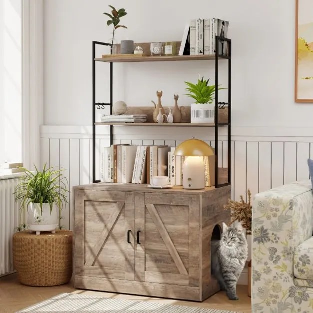 Móvel para caixa de areia para gatos (NÃO INCLUIDA) 80 x 48 x 145 cm com estantes de 3 níveis 4 ganchos Armário com 2 portas sala estar cinzenta