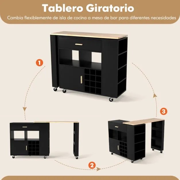 Carrinho de cozinha móvel 2 em 1 com garrafeira e Gaveta 120 x 40 x 100 cm Preto