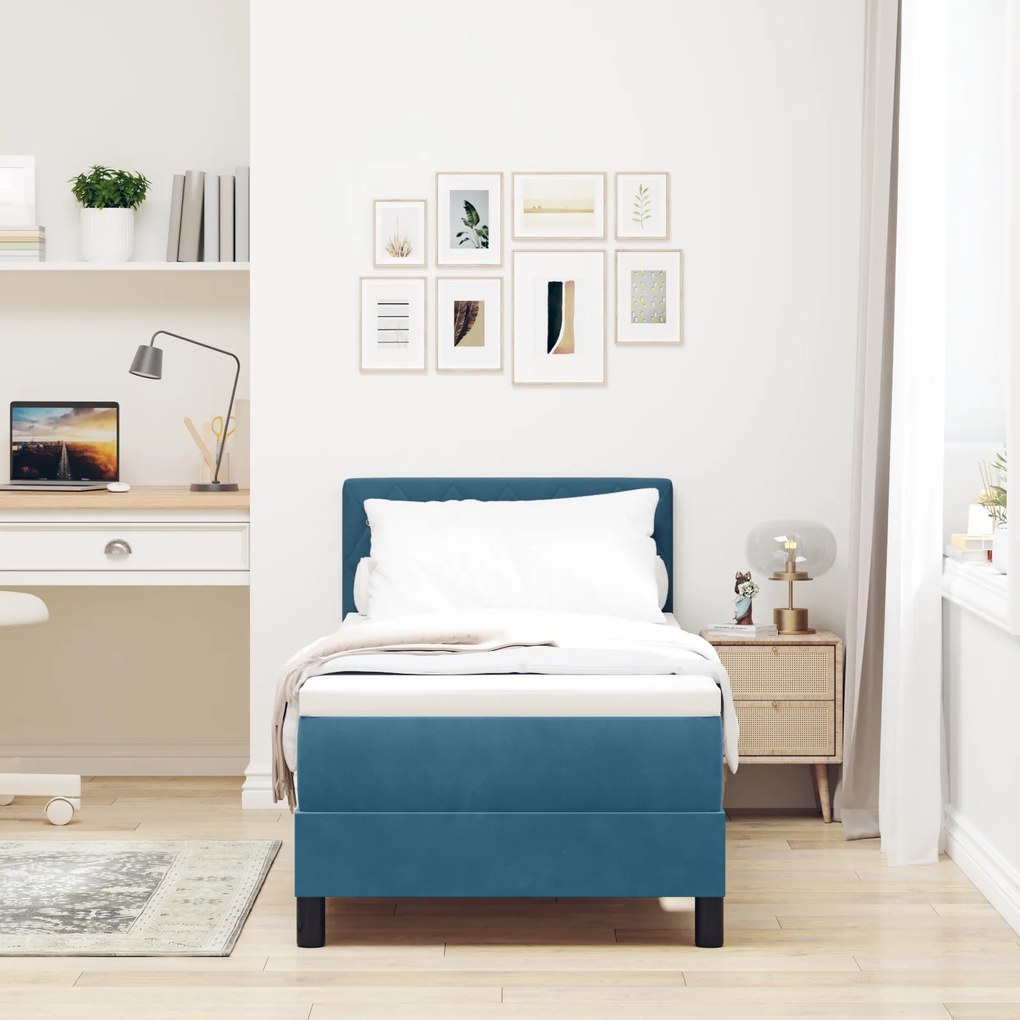 Camas Box Spring vidaXL com Colchão Azul Escuro 80x200 cm Veludo
