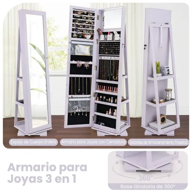 Armário para joias com fechadura, espelho de maquilhagem LED com 3 cores 40 x 38 x 164 cm Púrpura
