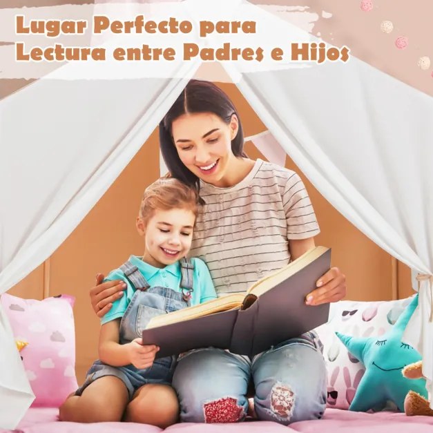 Tenda Infantil com Tapete Lavável e Janelas Estrutura em Madeira Maciça 131 x 91 x 131 cm Castanho Claro