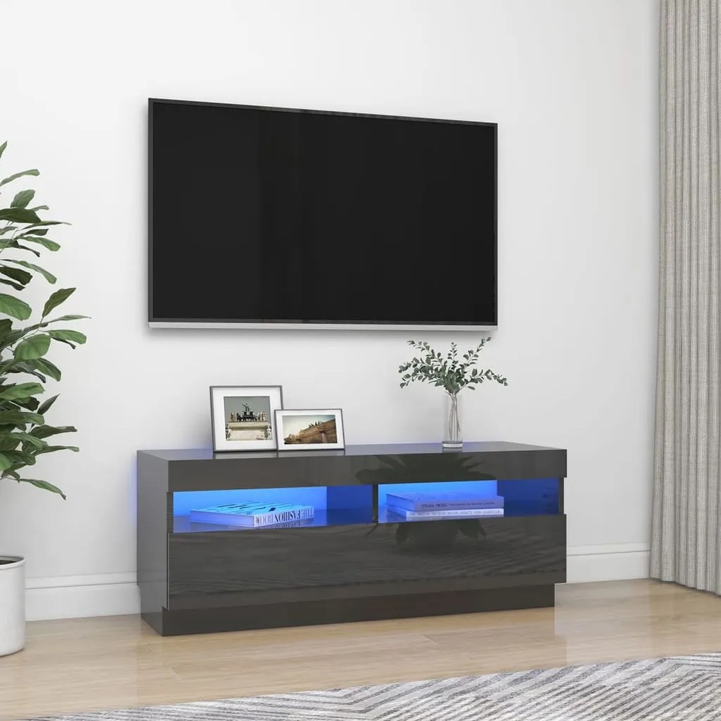 vidaXL Móvel de TV com luzes LED 100x35x40 cm cinzento brilhante