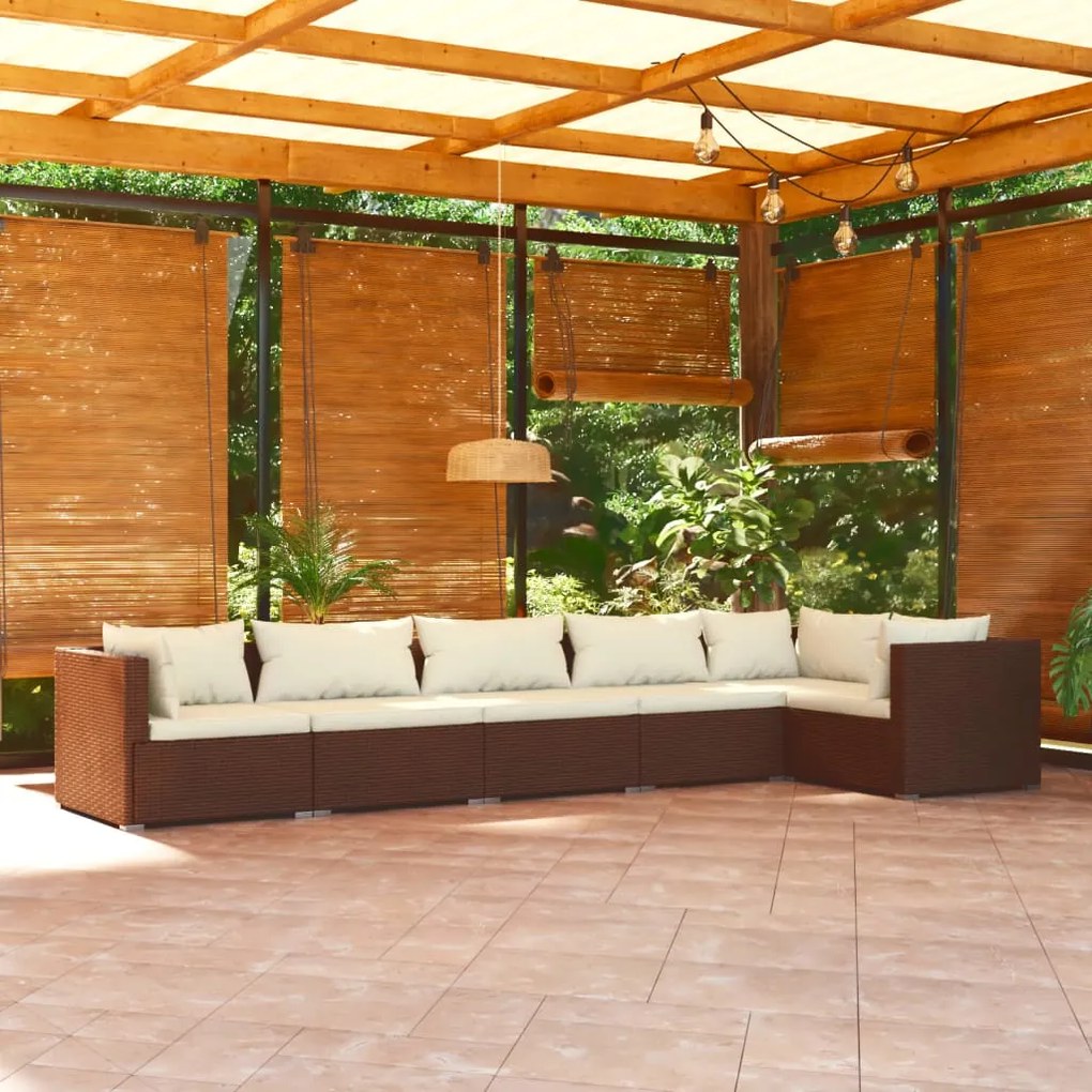 vidaXL 6 pcs conjunto lounge jardim c/ almofadões vime PE castanho