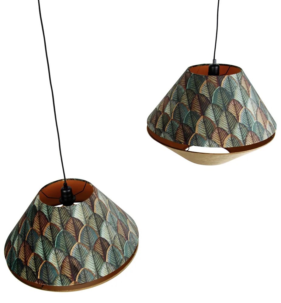 Candeeiro suspenso preto com abajur duplo de veludo com design de folha e bege 2 luzes - Cava Luxe Clássico / Antigo