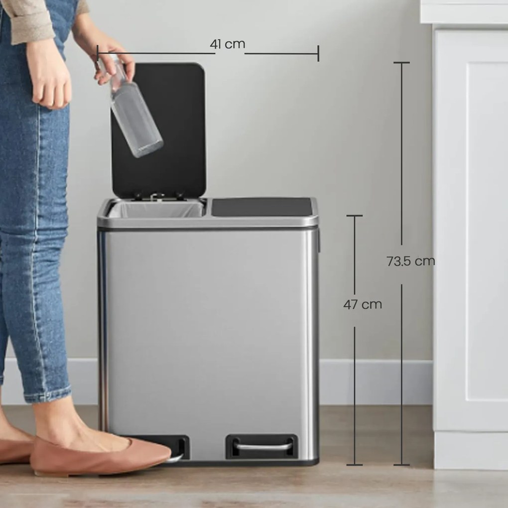Caixote do lixo com 2 compartimentos 41 x 31,5 x 47 cm prateado