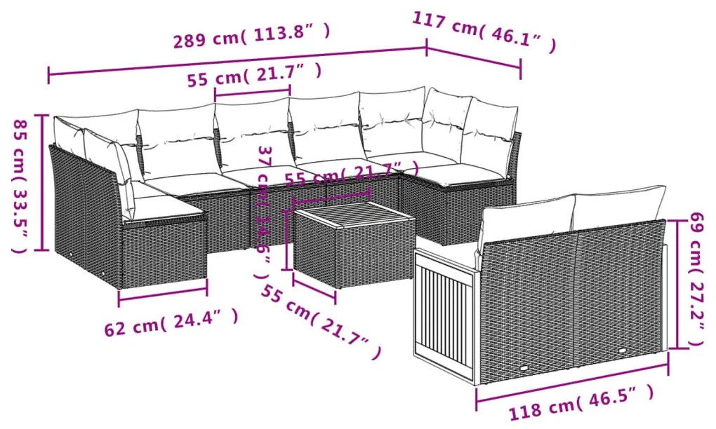 10 pcs conjunto de sofás p/ jardim com almofadões vime PE bege