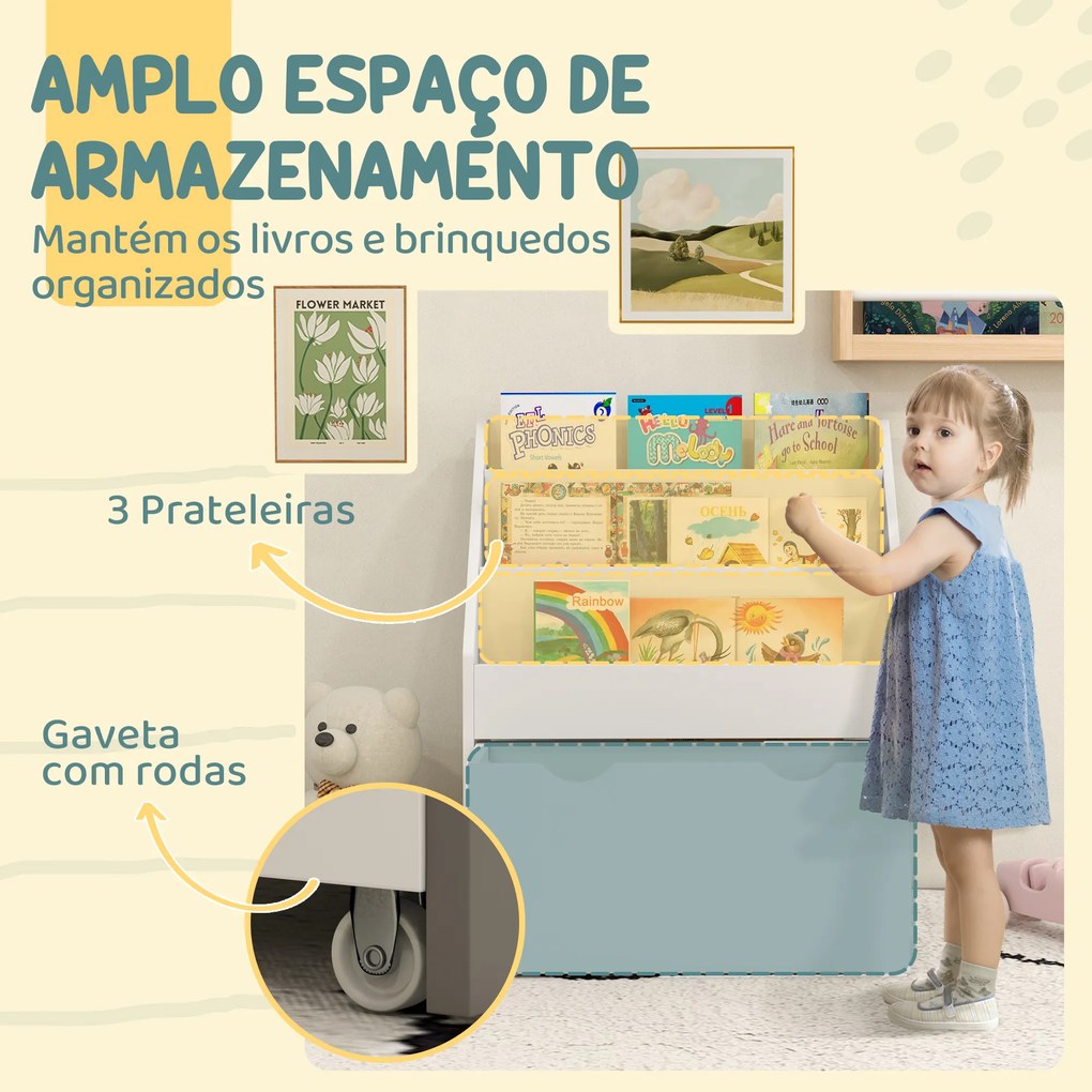 Estante de Brinquedos com 3 Compartimentos Gaveta com Rodas para Quarto Sala de Jogos 62,5x30x70 cm Branco