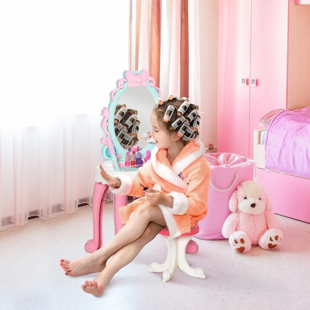 HOMCOM Toucador Infantil para Crianças acima de 3 Anos com Banco Espelho com Luz e Música com 20 Acessórios Centro de Beleza Infantil 41x27x82cm Multicolor