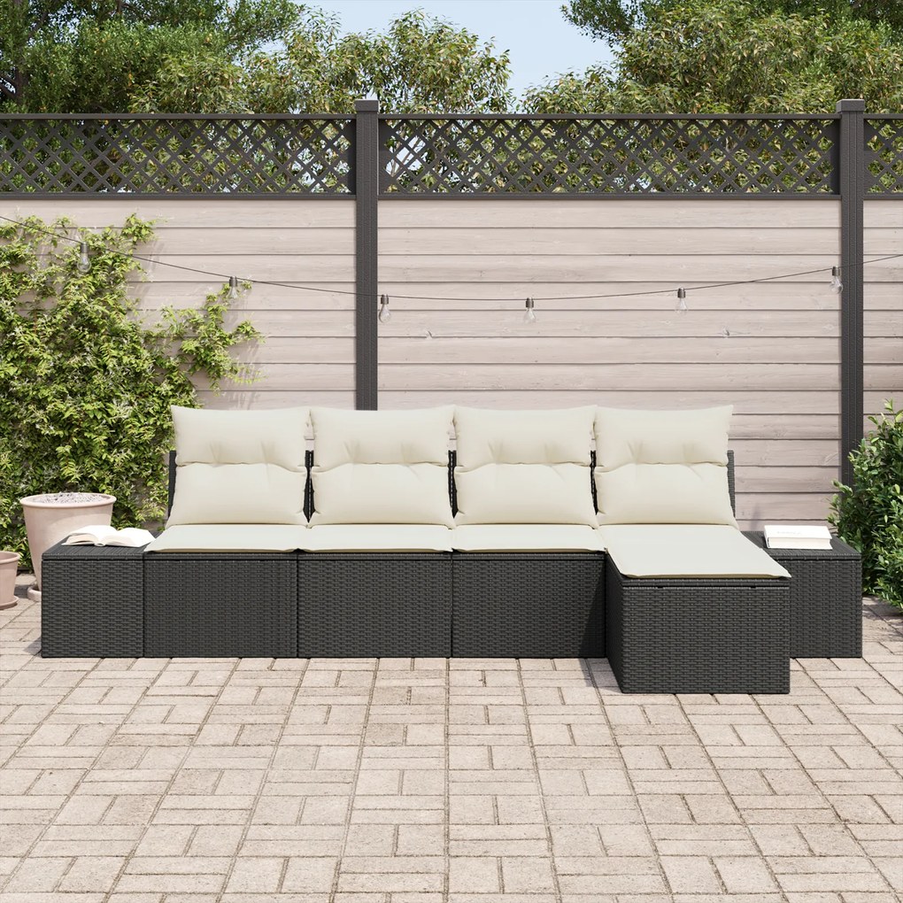 Conjunto de Sofá de Jardim de 5 Peças com Almofadas Preto de Vime Sint