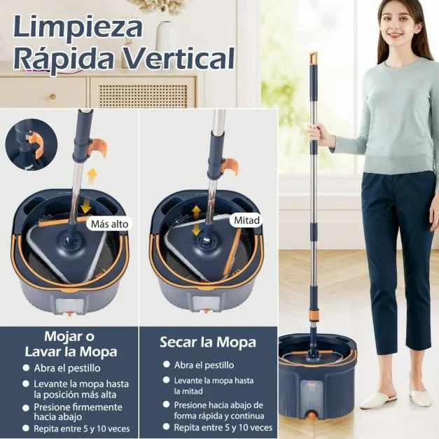 Conjunto de esfregona giratória com balde Sistema de separação de água limpa e suja Cabeças quadradas e triangulares Autoescorredoras Azul marinho